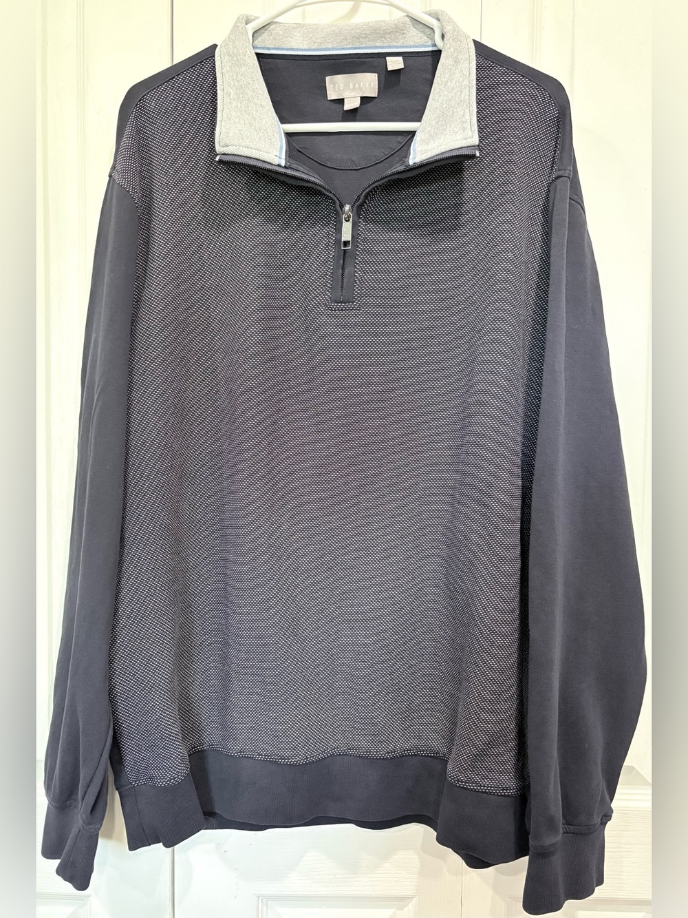 Ted Baker London Men’s XL Navy Blue Quarter Zip Pullover Sweater Gray Collar